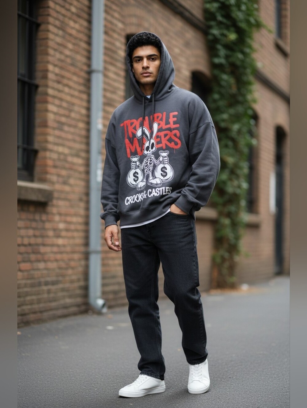 Trouble Makers Dark Gray Oversized Hoodie White Skeleton Bunny Graphic Size XXL